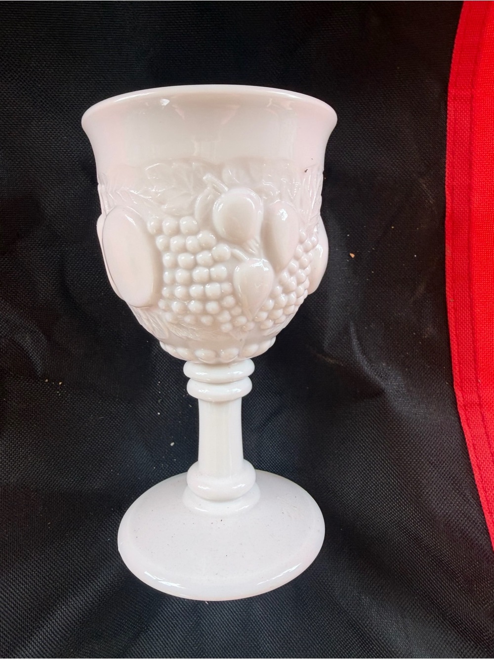 White Milk Glass Goblet with Fruit Relief